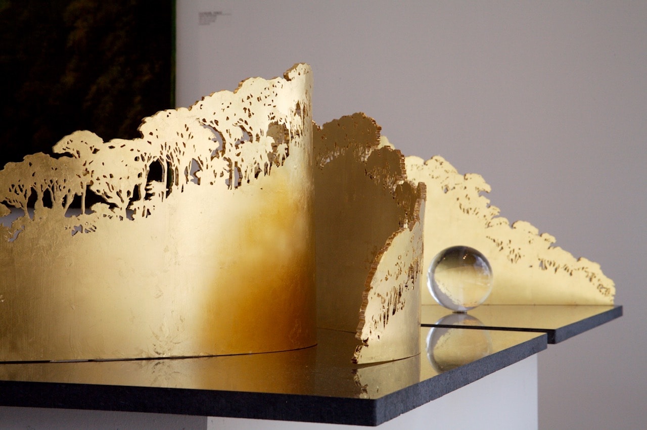 Two Labyrinths, 24K gold gilded laser-cut plexiglass, crystal spheres, granite platform, 2007 — Cavelier Arte